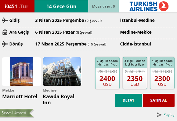 242 İK/ i0451. TUR 14 GECE – GÜN UMRE PROGRAMI 03 NİSAN 2025 GİDİŞ – 17 NİSAN 2025 DÖNÜŞ