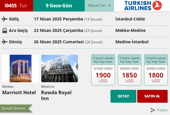 234 İK/ i0455.TUR 9 GECE – GÜN UMRE PROGRAMI THY İLE 17. 04. 2025 GİDİŞ 26. 04. 2025 DÖNÜŞ