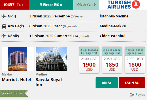 237 İK/ i0457.TUR 9 GECE – GÜN UMRE PROGRAMI 03. 04. 2025 GİDİŞ 12. 04. 2025 DÖNÜŞ