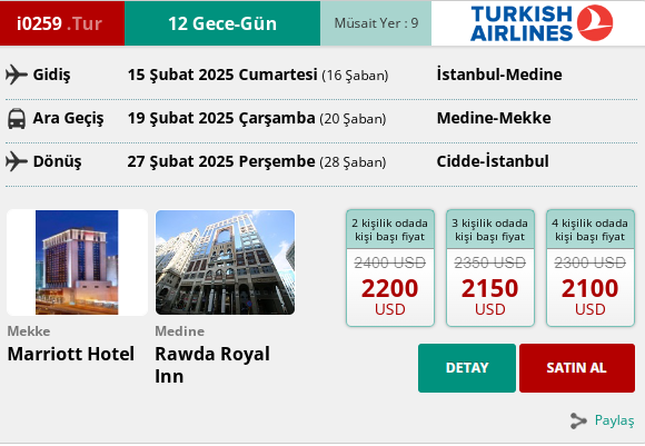 245 İK/ i0259. TUR 12 GECE – GÜN UMRE PROGRAMI 15 ŞUBAT 2025 GİDİŞ – 27 ŞUBAT 2025 DÖNÜŞ