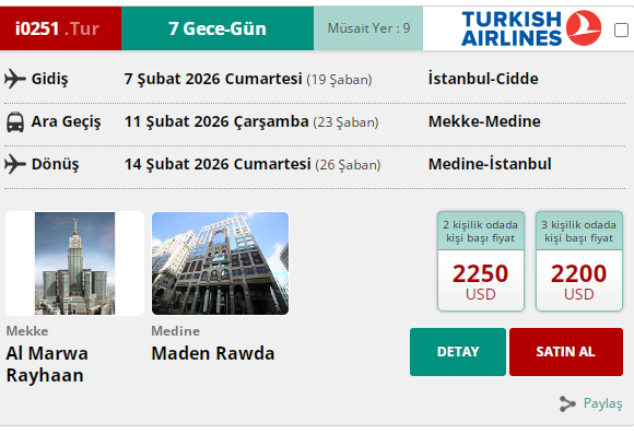 İ0251 İK/  UMRE 8 GÜN 50 MT. 5* AL MARWA RAYHAAN HOTEL YAKIN MESAFE 7 ŞUBAT 2026 GİDİŞ 14 ŞUBAT 2026 DÖNÜŞ
