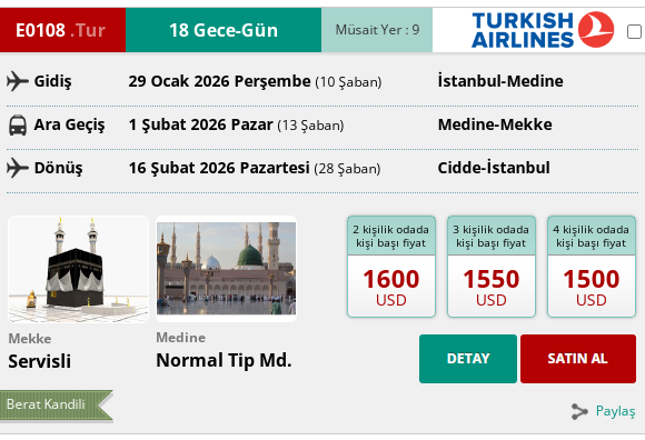 E0108 İK/ UMRE BERAT KANDİLİ 19 GÜN SERVİSLİ 29 OCAK 2026 GİDİŞ 16 ŞUBAT 2026 DÖNÜŞ