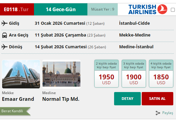 E0118 İK/  UMRE BERAT KANDİLİ 15 GÜN 600MT. 4* EMAAR GRAND HOTEL YÜRÜME MESAFE 31 OCAK 2026 GİDİŞ 14 ŞUBAT 2026 DÖNÜŞ