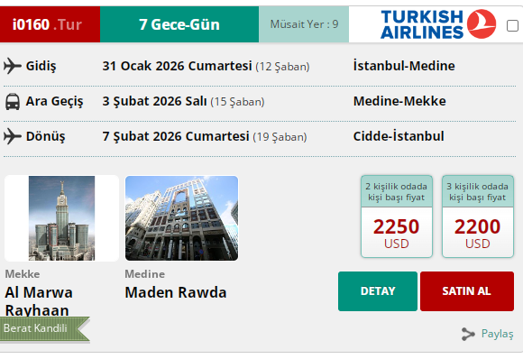İ0160 İK/ UMRE BERAT KANDİLİ 8 GÜN 50 MT. 5* AL MARWA RAYHAAN HOTEL YAKIN MESAFE 31 OCAK 2026 GİDİŞ 7 ŞUBAT2026 DÖNÜŞ
