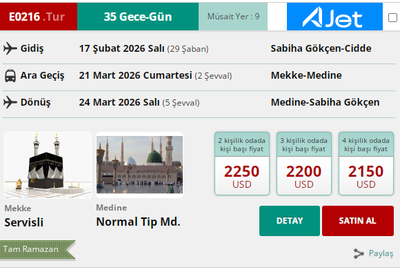 E0216 İK/ UMRE TAM RAMAZAN 36 GÜN SERVİSLİ 17 ŞUBAT 2026 GİDİŞ 24 MART 2026 DÖNÜŞ