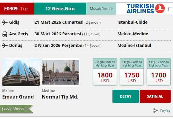 E0309 İK/ UMRE ŞEVVAL 13 GÜN 600MT. 4* EMAAR GRAND HOTEL YÜRÜME MESAFE 21 MART 2026 GİDİŞ 2 NİSAN 2026 DÖNÜŞ