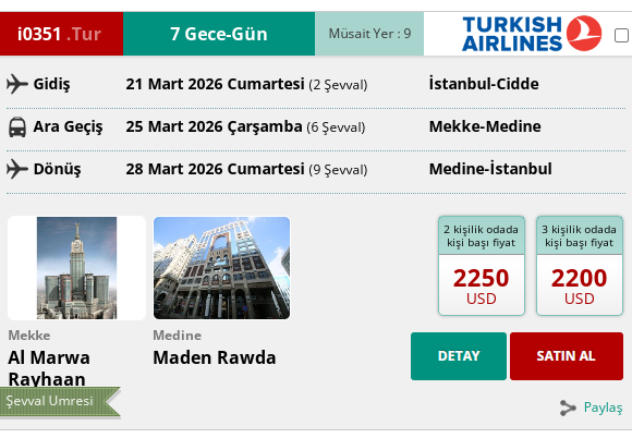 İ0351 İK/  UMRE ŞEVVAL 8 GÜN 50 MT. 5* AL MARWA RAYHAAN HOTEL YAKIN MESAFE 21 MART 2026 GİDİŞ 28 MART 2026 DÖNÜŞ