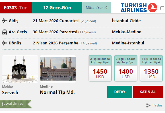 E0303 İK/ UMRE ŞEVVAL 13 GÜN SERVİSLİ 21 MART 2026 GİDİŞ 2 NİSAN 2026 DÖNÜŞ