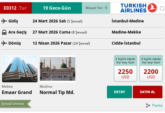 E0312 İK/ UMRE ŞEVVAL 20 GÜN 600MT. 4* EMAAR GRAND HOTEL YÜRÜME MESAFE 24 MART 2026 GİDİŞ 12 NİSAN 2026 DÖNÜŞ