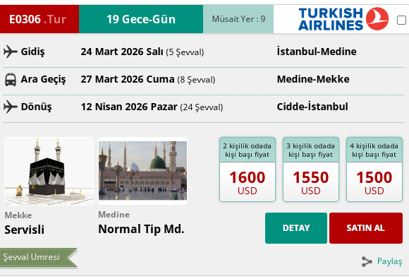E0306 İK/  UMRE ŞEVVAL 20 GÜN  SERVİSLİ 24 MART 2026 GİDİŞ 12 NİSAN 2026 DÖNÜŞ