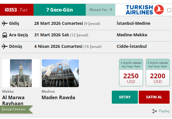 İ0353 İK/  UMRE ŞEVVAL 8 GÜN 50 MT. 5* AL MARWA RAYHAAN HOTEL YAKIN MESAFE 28 MART 2026 GİDİŞ 4 NİSAN 2026 DÖNÜŞ