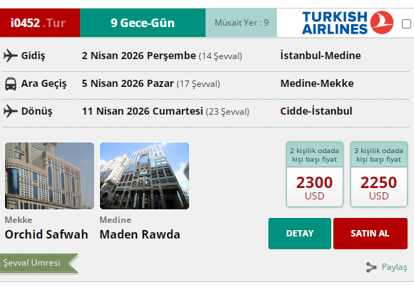 İ0452 İK/  UMRE  ŞEVVAL10 GÜN 50 MT. 5* ORCHİD SAFWAH HOTEL YAKIN MESAFE 2 NİSAN 2026 GİDİŞ 11 NİSAN 2026 DÖNÜŞ