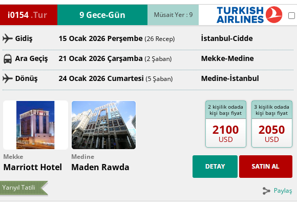 İ0154 İK/ UMRE YARIYIL TATİLİ 10 GÜN 350 MT. 5* MARRİOTT HOTEL YÜRÜME MESAFE 15 OCAK 2026 GİDİŞ 24 OCAK 2026 DÖNÜŞ