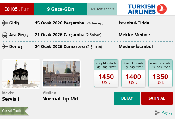 E0105 İK/ UMRE YARIYIL TATİLİ 10 GÜN SERVİSLİ 15 OCAK 2026 GİDİŞ 24 OCAK 2026 DÖNÜŞ