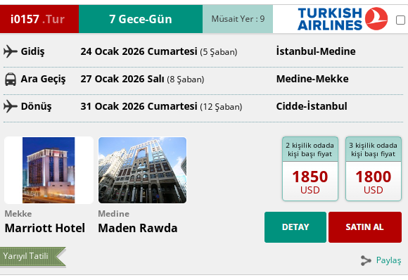 İ0157 İK/ UMRE YARIYIL TATİLİ 8 GÜN 350 MT. 5* MARRİOTT HOTEL YÜRÜME MESAFE 24 OCAK 2026 GİDİŞ 31 OCAK 2026 DÖNÜŞ