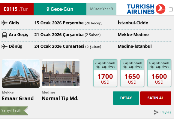 E0115 İK/  UMRE YARIYIL TATİLİ 10 GÜN 600MT. 4* EMAAR GRAND HOTEL YÜRÜME MESAFE 15 OCAK 2026 GİDİŞ 24 OCAK 2026 DÖNÜŞ