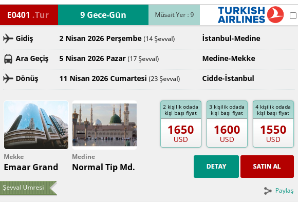 E0401 İK/ UMRE ŞEVVAL 10 GÜN 600MT. 4* EMAAR GRAND HOTEL YÜRÜME MESAFE 2 NİSAN 2026 GİDİŞ 11 NİSAN 2026 DÖNÜŞ